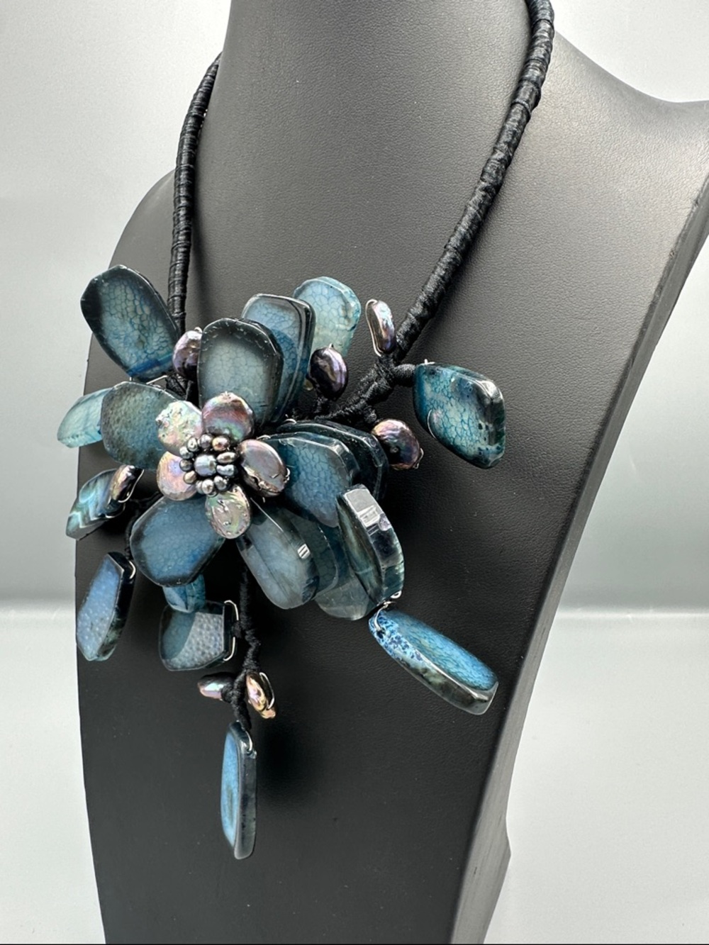 Handcrafted Blue Floral Statement Necklace - with genuine pearl & stone - Picture 3 of 3